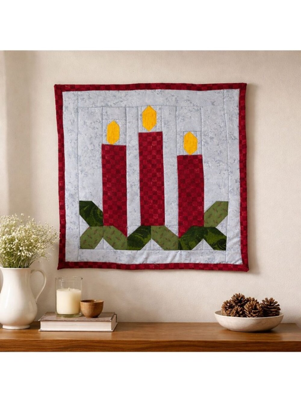 Handmade Advent Candle Quilt Wall Hanging 15x15 Christmas Table Topper